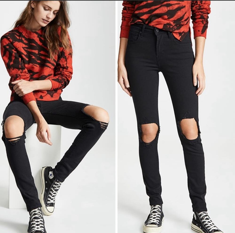 Levis 721 High Rise Destroyed Skinny Jeans Black 28